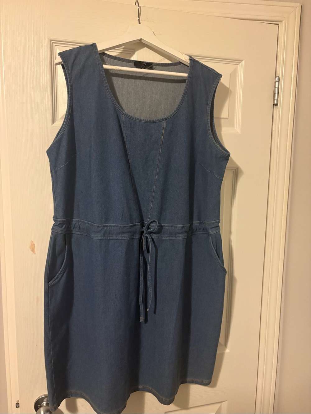 Sleeveless Blue Denim Midi Dress with Drawstring Waist